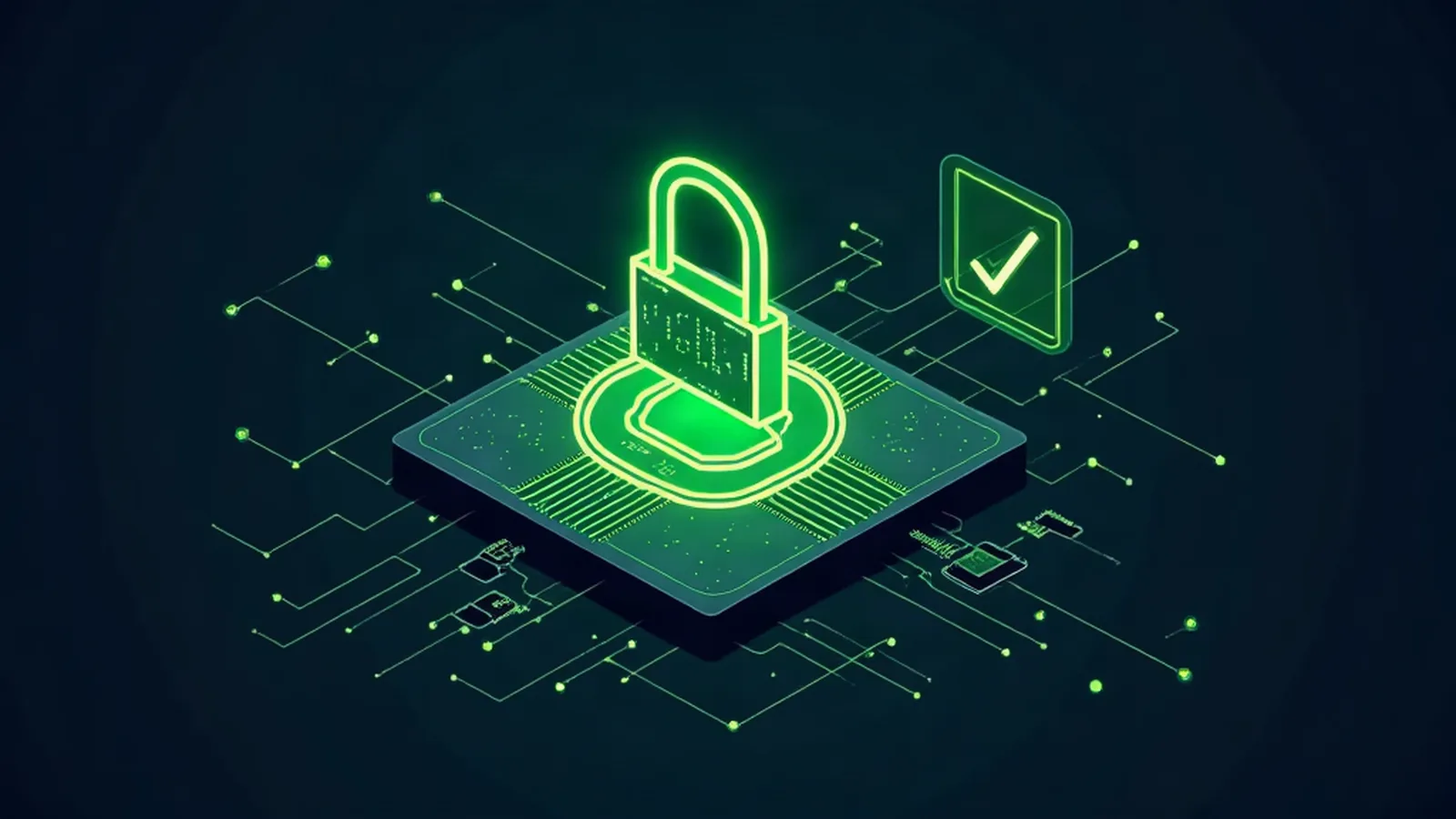 A padlock formed by neon green circuit traces on a silicon die, with a checkmark detaching toward a laptop