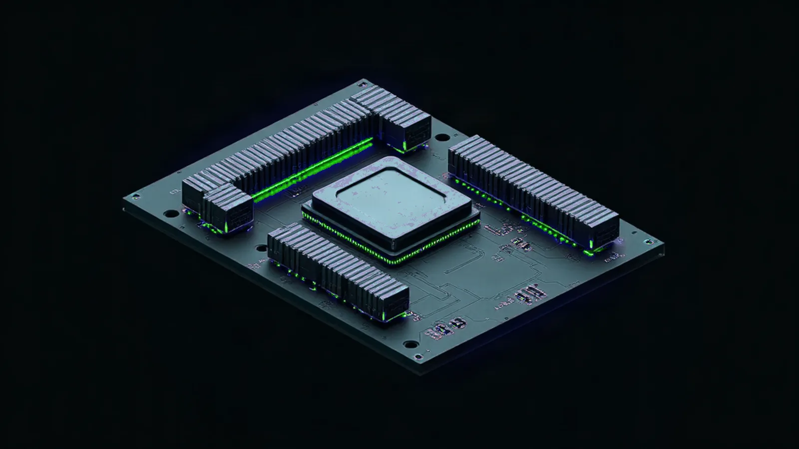 Hardware-sealed GPU module lit by a green neon edge
